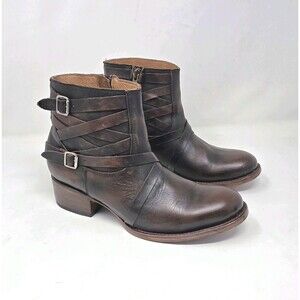 Freebird Sammi Ankle Boot Brown Distressed Leather Side Zip Strap Accents Size 9